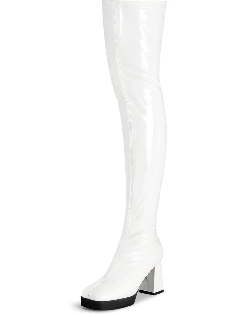 Women's White Patent Leather PU Square Toe Chunky Heel Stretch Boots